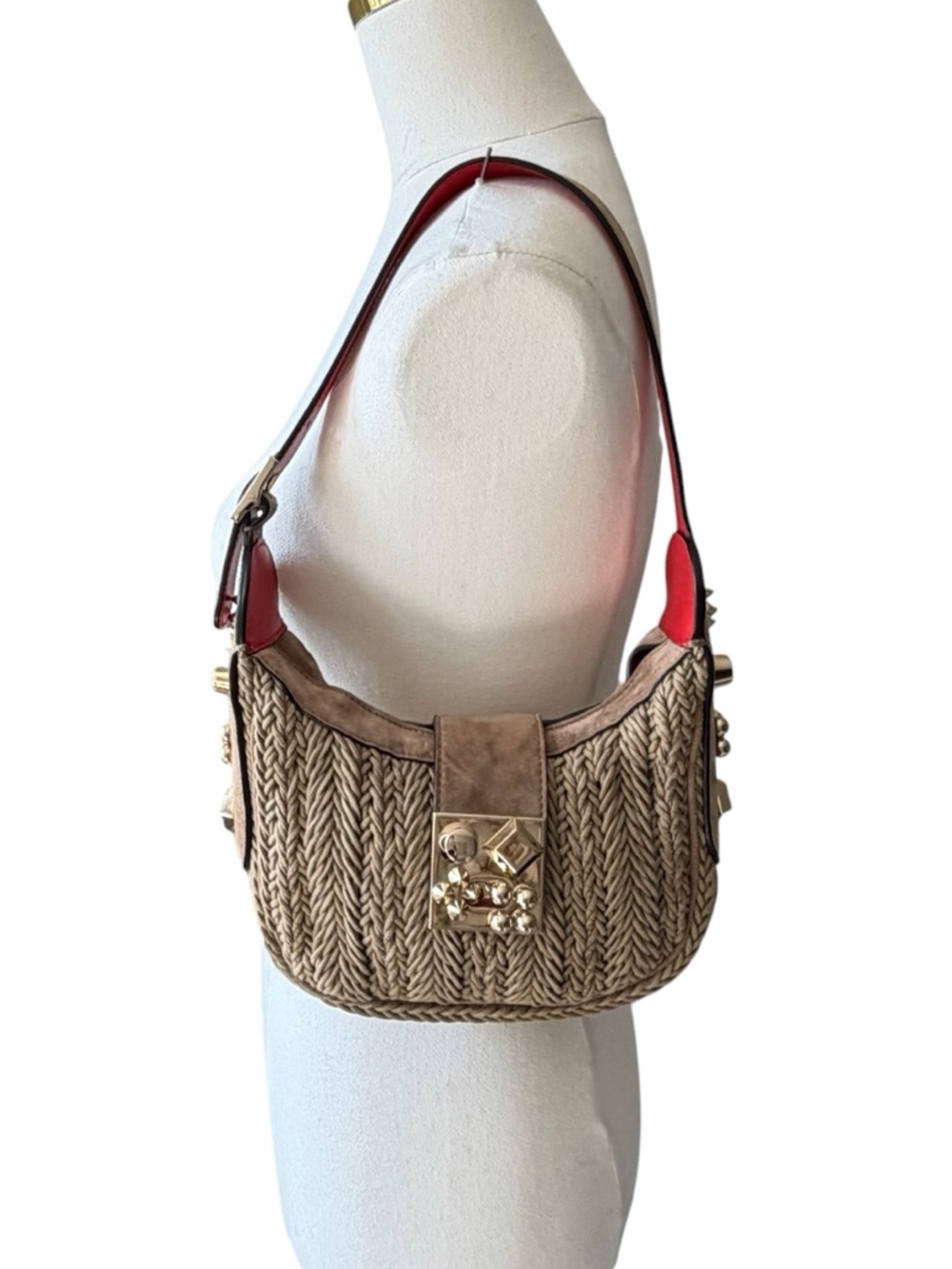 Christian Louboutin Carasky Mini Raffia Bag Gold Stud Crossbody Shoulder - Picture 3 of 14
